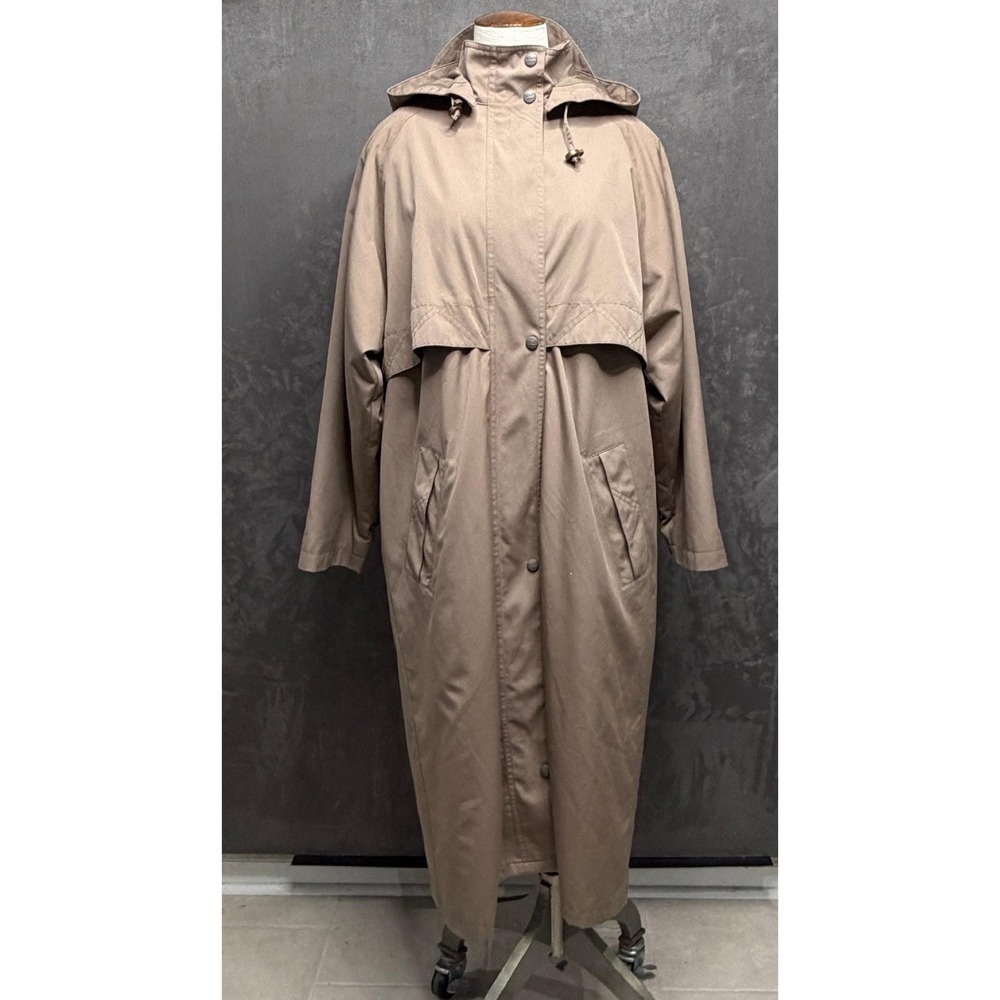 VTG L.L. Bean Trench Coat Women Medium Petite Tan Hooded Zip-Off Wool Liner Long